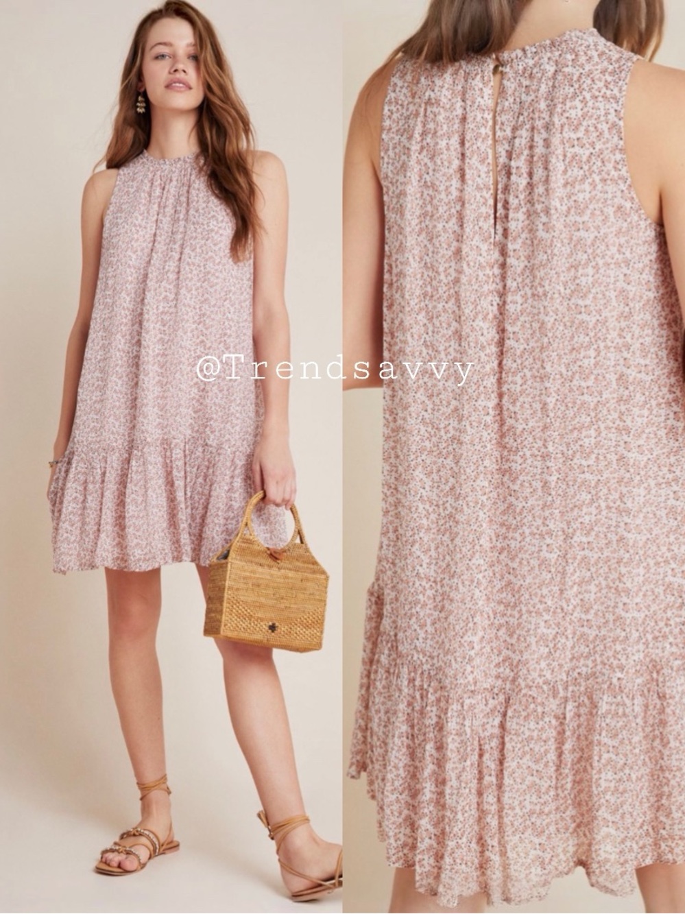 Anthropologie Natalie Floral Flounced Tunic Dress Blush Pink XS Boho Chic NWT